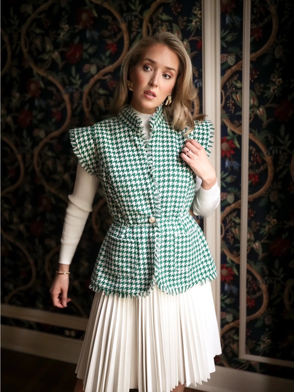 Buru x Mary Orton Reversible Green Houndstooth Sleeveless Tweed Vest NWT